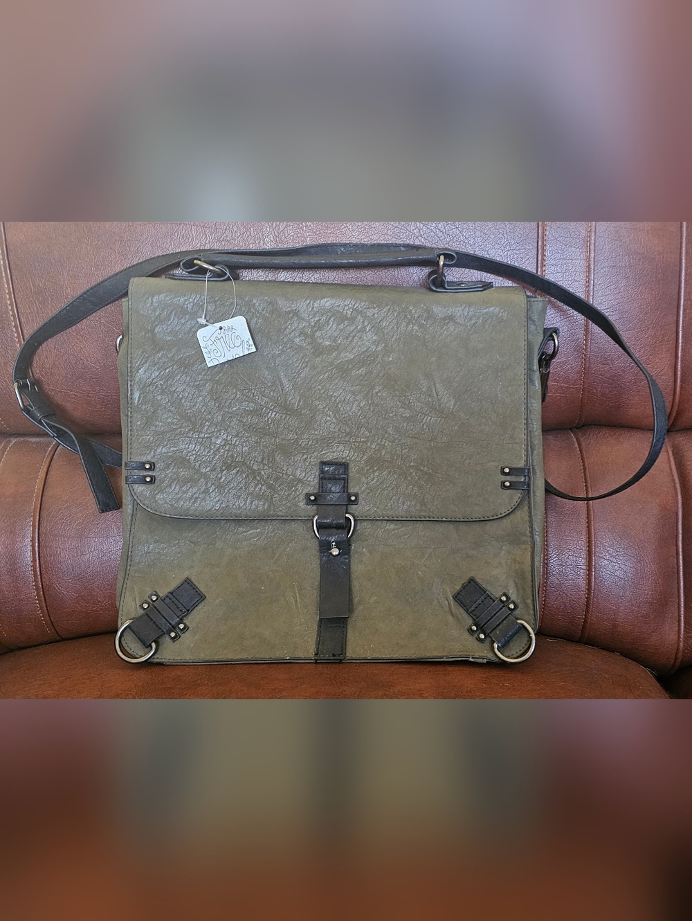 Free People Olive Green Vegan Leatger Laptop Messenger Bag